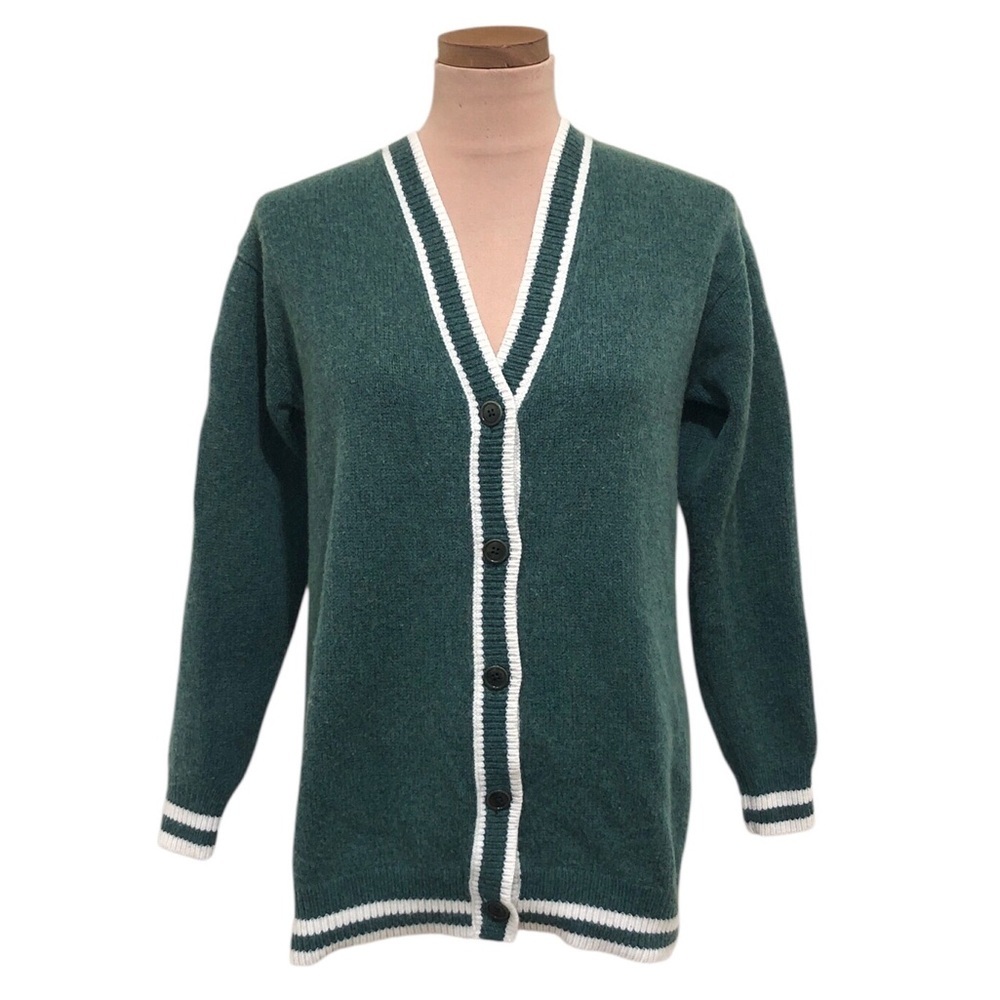 Sunday Best Cardigan Sweater Size XS Green White Striped Trim